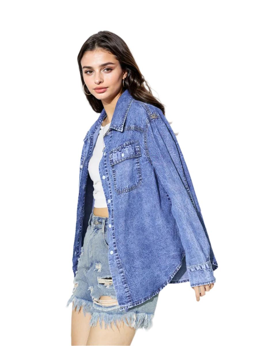 Vintage Oversize Button-Up Denim Shirt – Casual Long Sleeve Jean Blouse - JVMCL