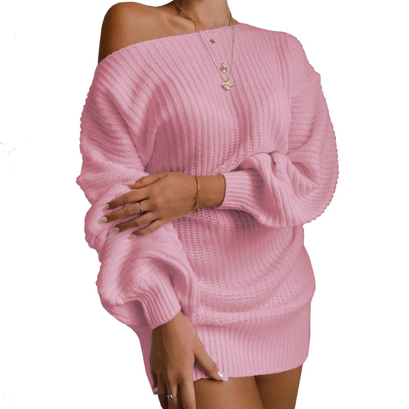 Women's Cold Shoulder Lantern Sleeve Mini Sweater Dress - Spring Fashion - JVMCL