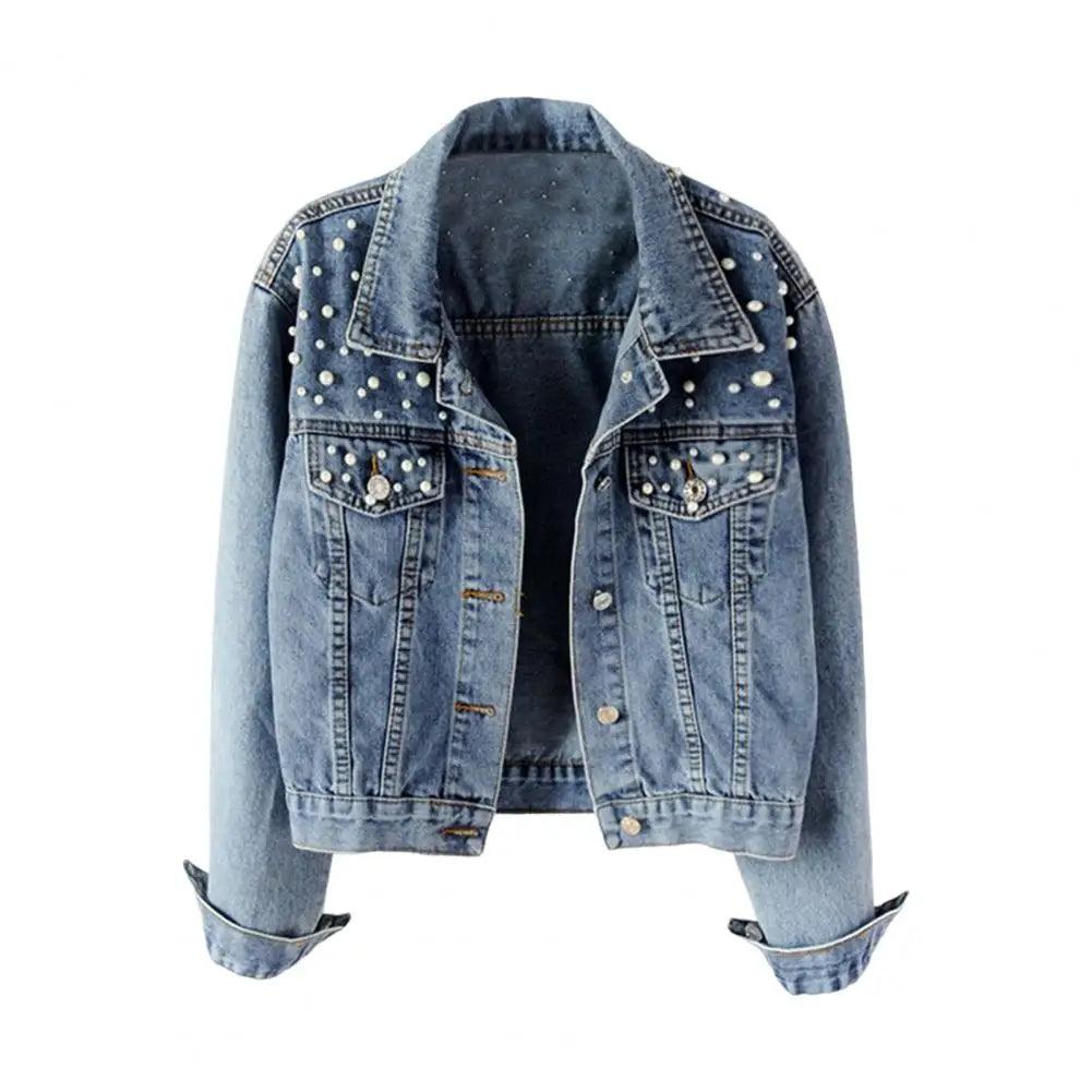 Autumn Fashion Women’s Denim Jacket - Pearl Decorated Loose Short Casual Cardigan - JVMCL