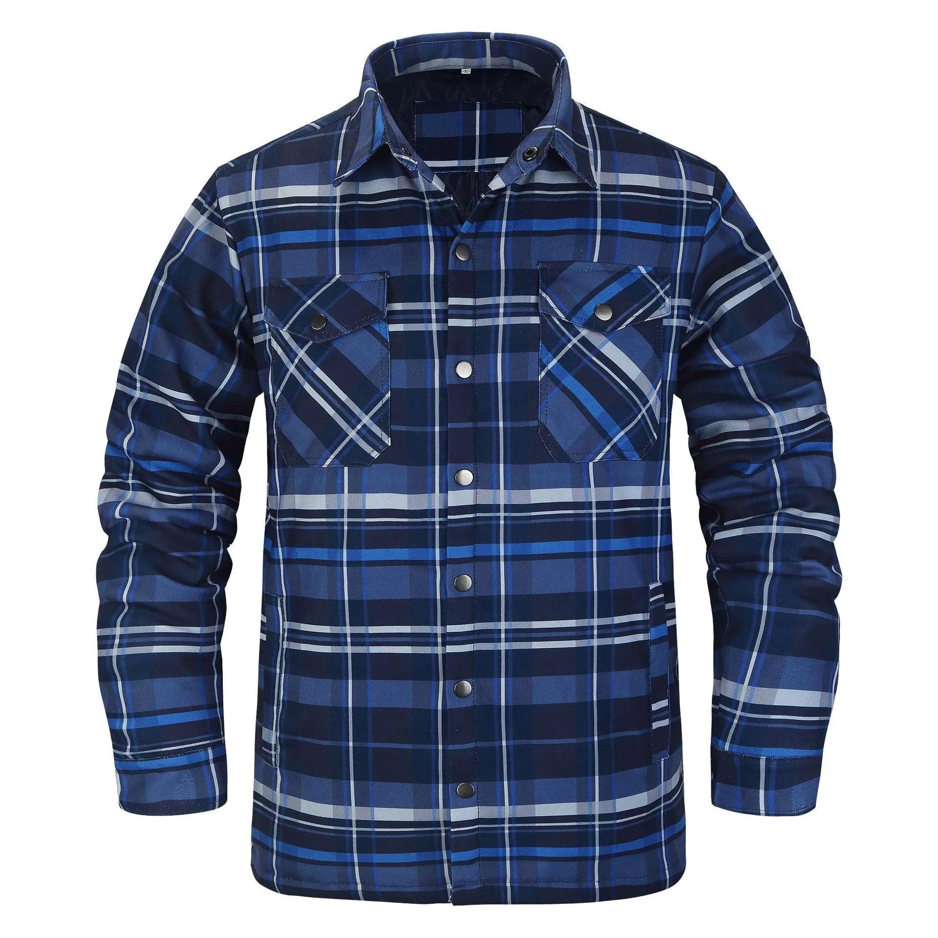 Men’s Plaid Long-Sleeve Winter Jacket – Thick Lapel Bomber Coat for Autumn & Winter - JVMCL