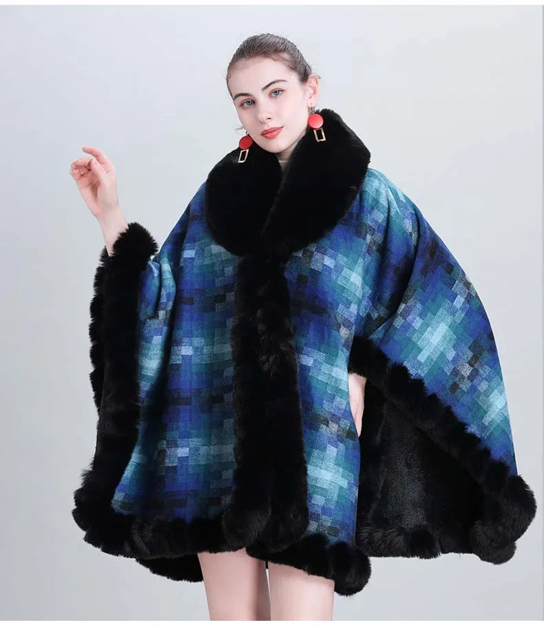 Women's Thicken Lining Woolen Faux Rabbit Fur Cloak Overcoat - Vintage Winter Cape - JVMCL