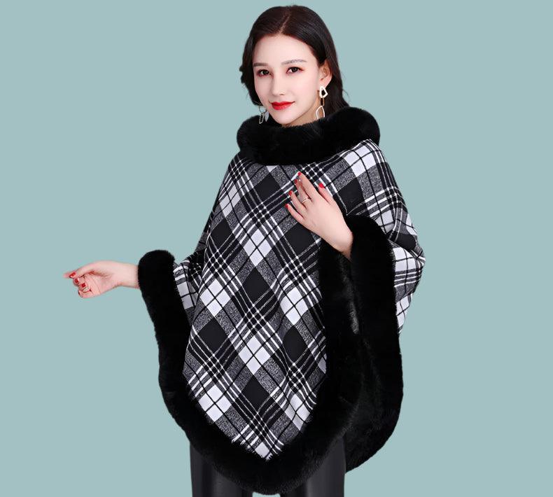 Party Outfit Grey Grid Winter Thick Warm Poncho with Faux Rabbit Fur Collar - JVMCL