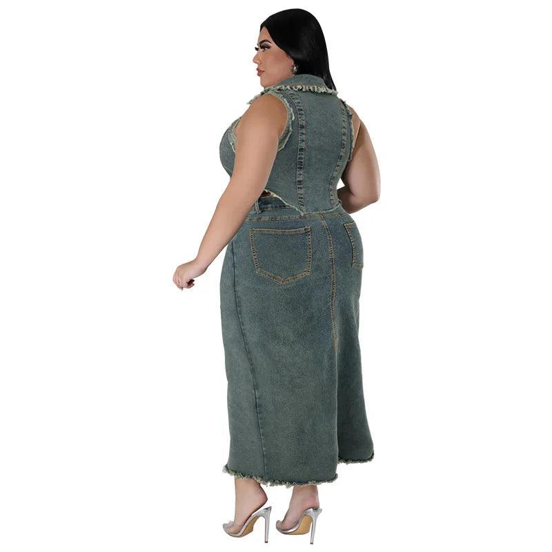 Stylish Design Plus Size Women Denim Jeans Skirt Two Pieces Set - JVMCL