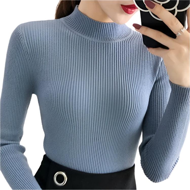 Autumn Winter Mock Neck Women Sweater - Vintage Basic Slim Knitted Casual Pullover - JVMCL