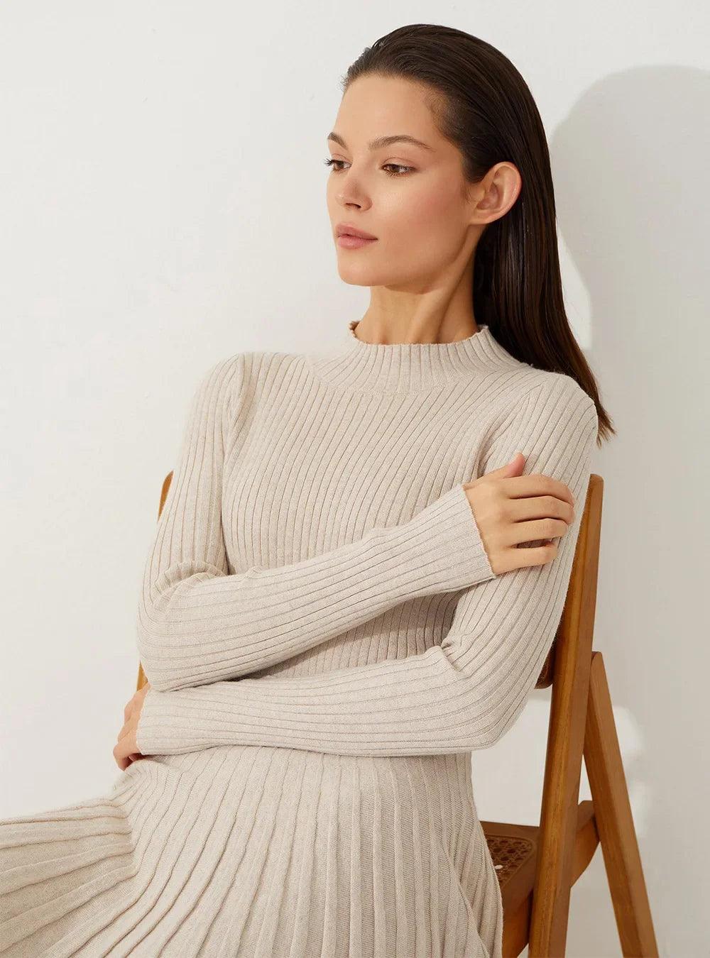 Turtleneck Knit Ruffled Mini Elegant High Waist Ribbed Skinny Knitwear Dress - JVMCL