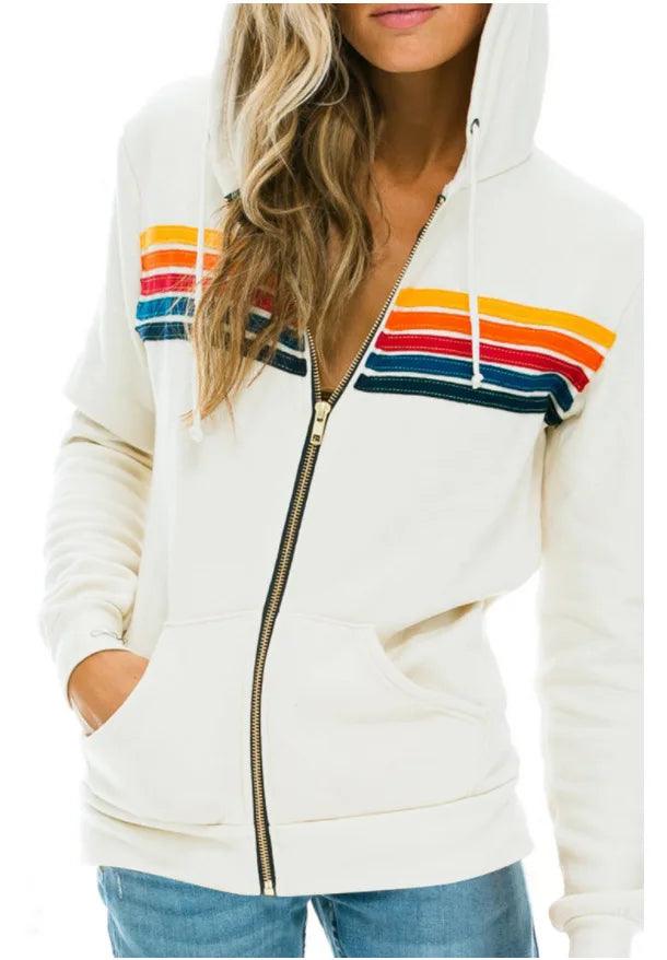 Aviator Nation 5 Stripe Rainbow Hooded Sweatshirt– Slim Fit Fleece Zip-Up Jacket - JVMCL