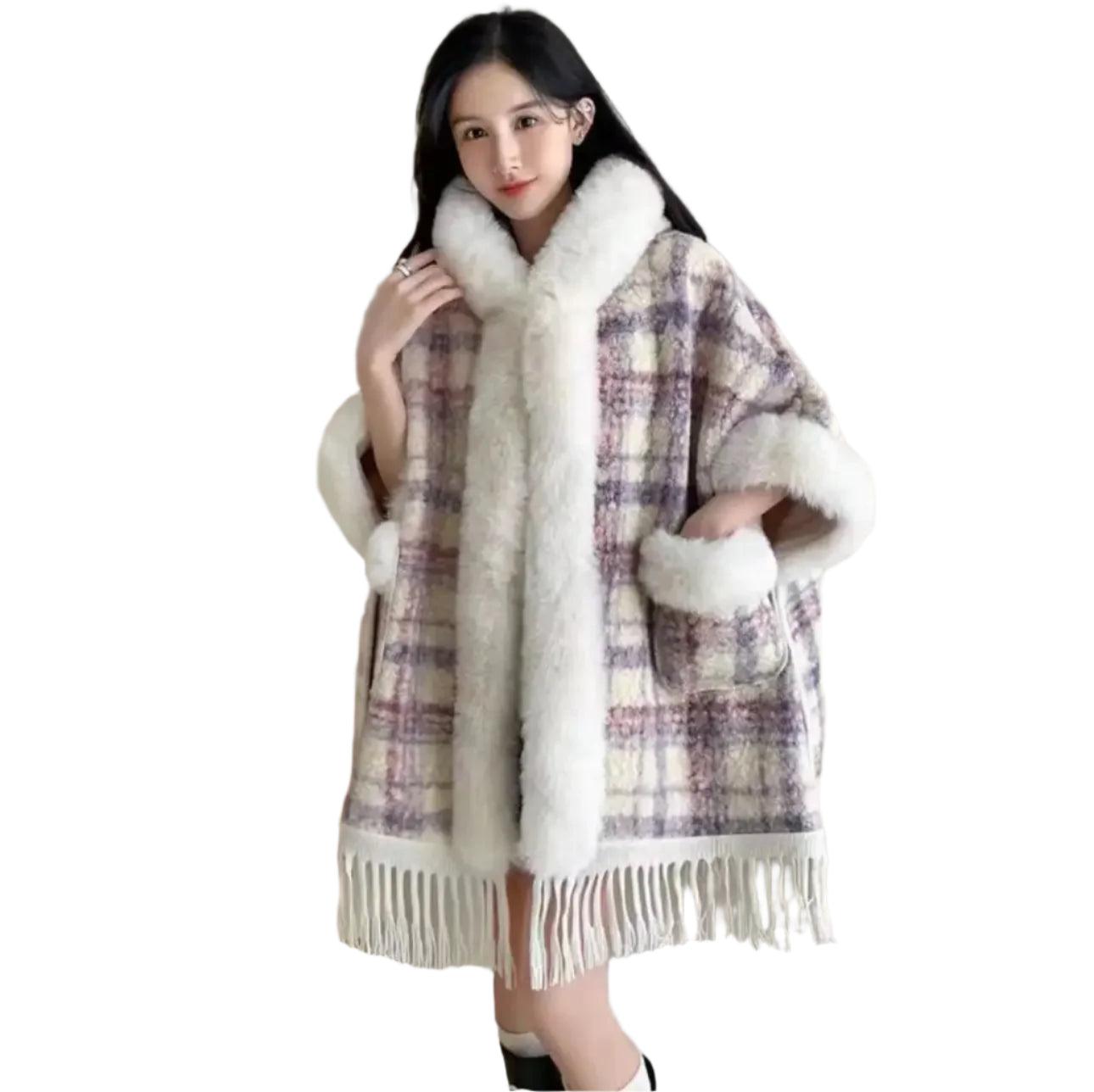 Hooded Overcoat Plaid Faux Lamb Fur Women’s Long Thick Velvet Poncho Cloak - JVMCL