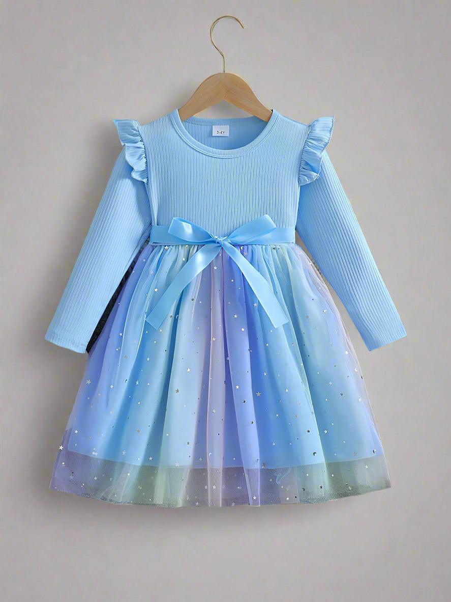 Enchanting Starry Sky Sequin Mesh Dress – Long-Sleeved Bow Dress for Girls - JVMCL