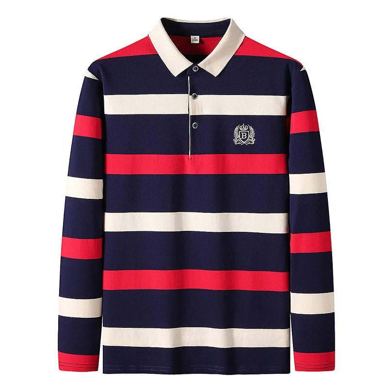 Men’s Cotton Long-Sleeve Striped Polo Shirt – Casual Business Fashion Sweater