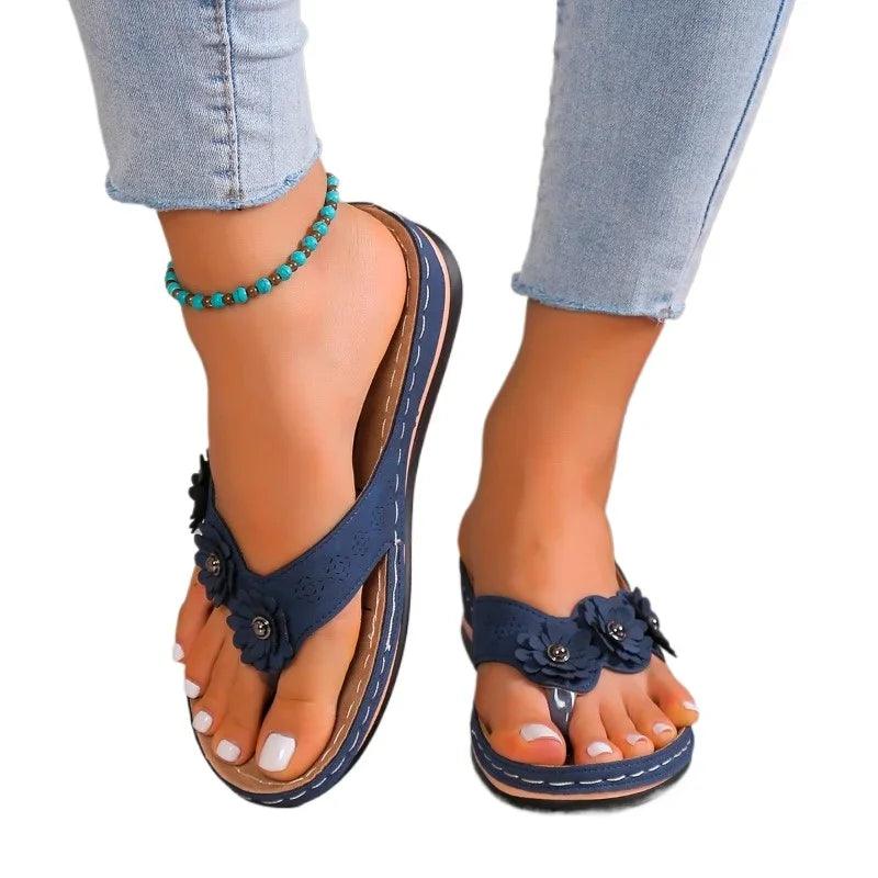 Toe Summer Shoes Women's Slippers: Sweet Three Flowers Platform Sandals - JVMCL