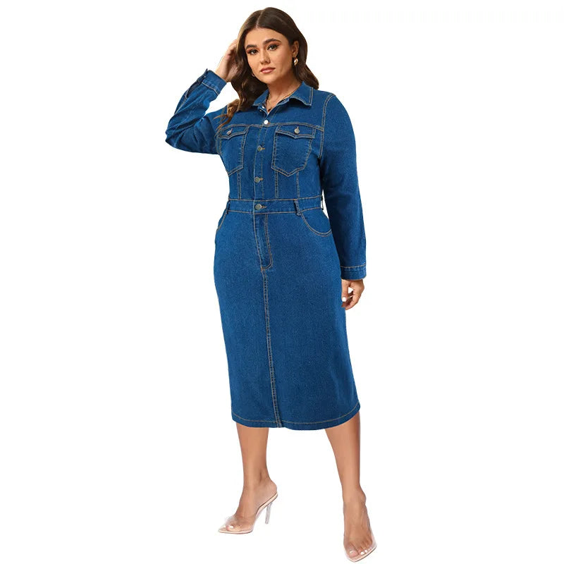 Winter Plus Size Button-Up Denim Dress – Long Sleeve Curvy Midi Jean Dress