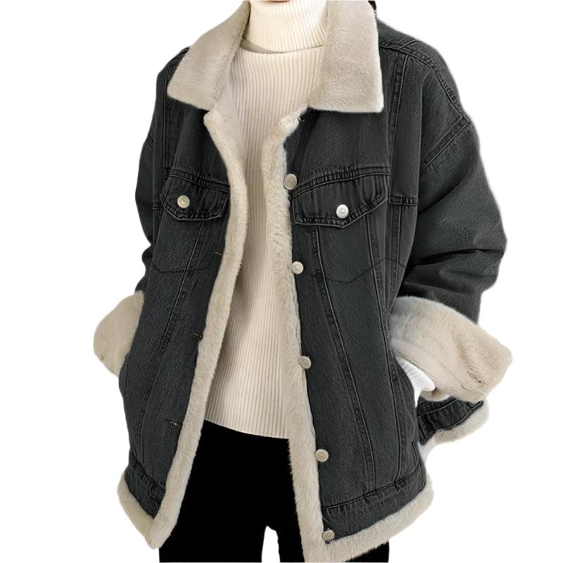 Women’s Winter Patchwork Padded Denim Jacket – Fur Plush Warm Jean Coat - JVMCL