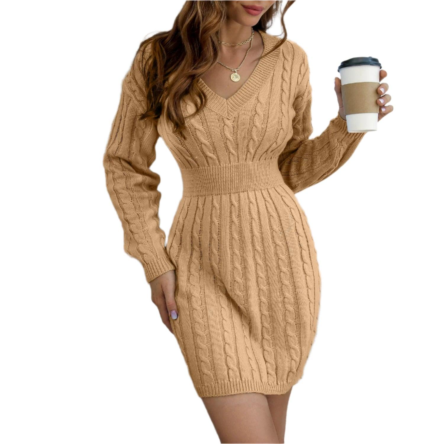 Knitted Solid Color V-neck Long-Sleeved Twist Waist Hip-Covering Sweater Dress - JVMCL