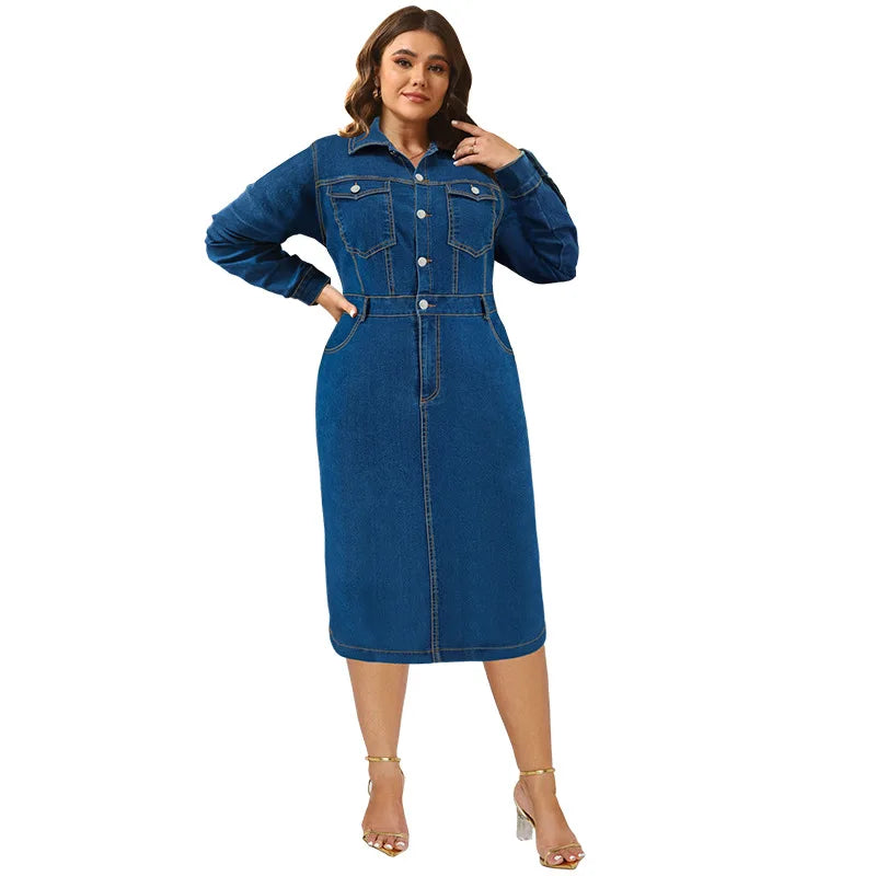 Winter Plus Size Button-Up Denim Dress – Long Sleeve Curvy Midi Jean Dress