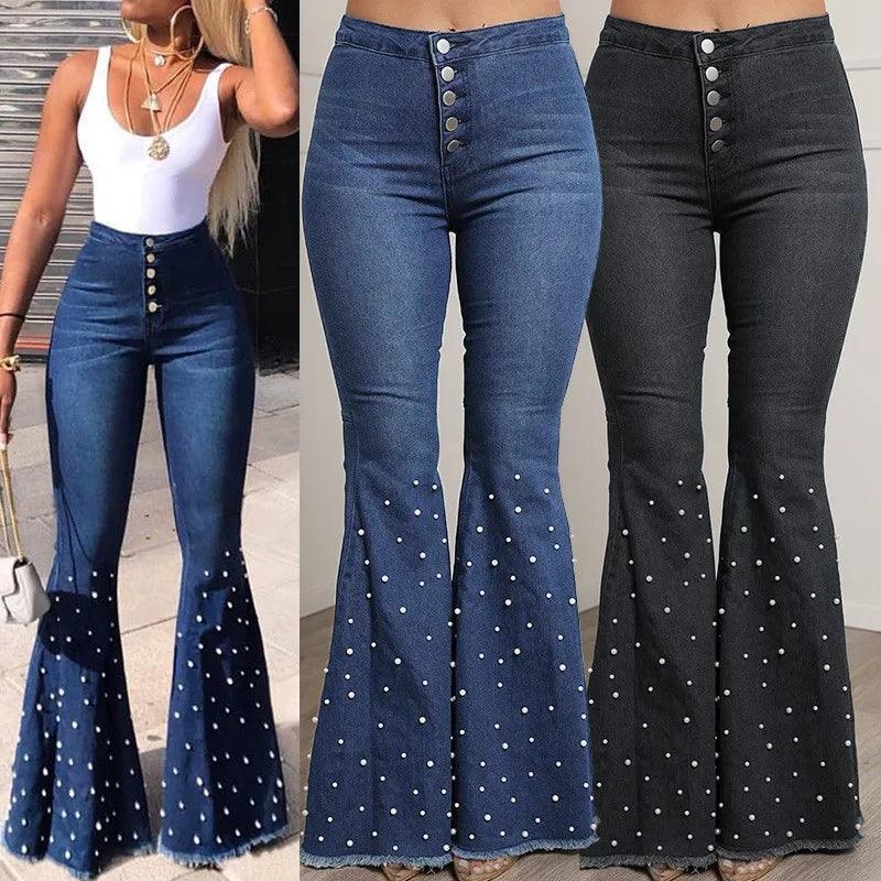 High-Waist Beaded Flared Denim Jeans – Stretchy & Stylish Streetwear - JVMCL