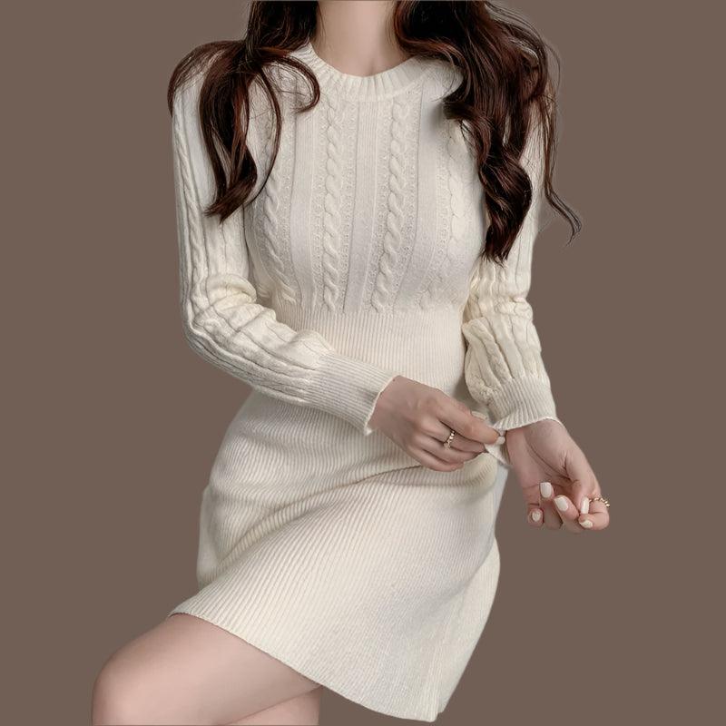 Chic Feminine Korea Winter Spring Women Office Lady O-Neck Knitted Sweater Dress - JVMCL