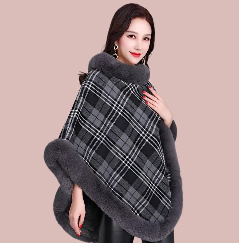 Party Outfit Grey Grid Winter Thick Warm Poncho with Faux Rabbit Fur Collar - JVMCL