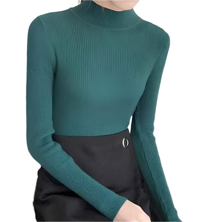 Autumn Winter Mock Neck Women Sweater - Vintage Basic Slim Knitted Casual Pullover - JVMCL