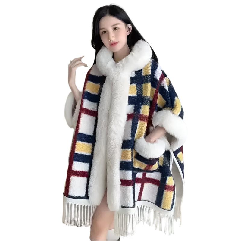 Hooded Overcoat Plaid Faux Lamb Fur Women’s Long Thick Velvet Poncho Cloak - JVMCL