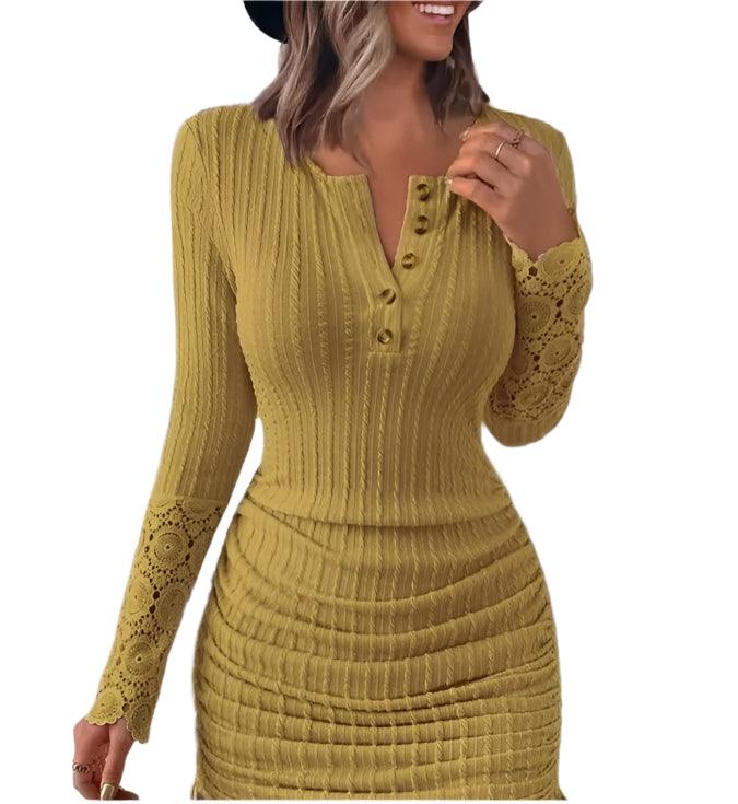 Fashion V-Neck Lace – Long Sleeve Knitted Hip Wrap Bodycon Midi Dress for Women - JVMCL