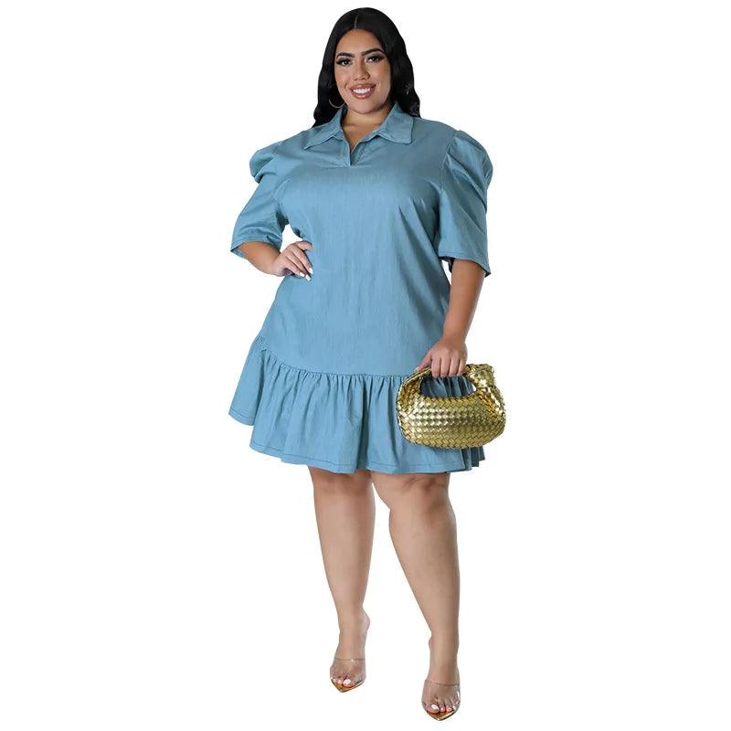 Plus Size Women’s Loose Casual Lapel Neck Short Sleeve Denim Mini Dress 3XL-5XL - JVMCL