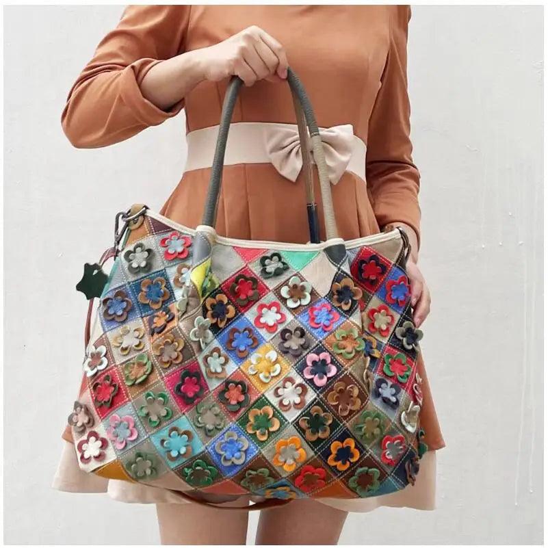 Multi-Colorful Real Leather Floral Tote – Luxury & Artistic Elegance - JVMCL