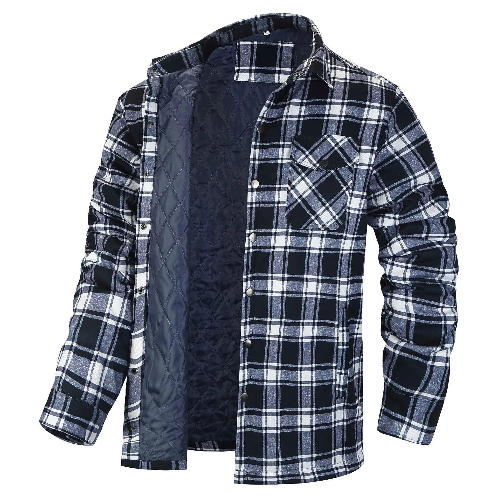 Men’s Plaid Long-Sleeve Winter Jacket – Thick Lapel Bomber Coat for Autumn & Winter - JVMCL