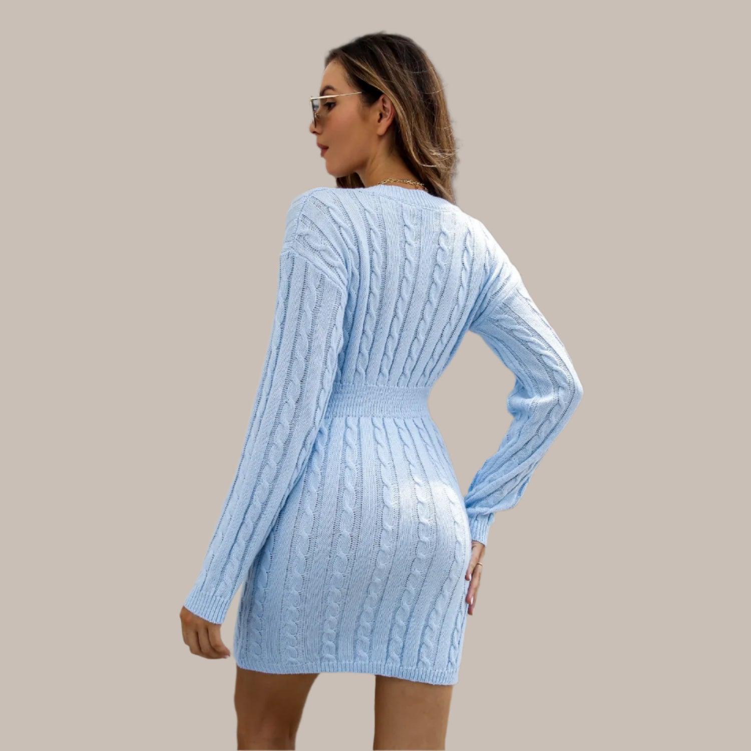 Knitted Solid Color V-neck Long-Sleeved Twist Waist Hip-Covering Sweater Dress - JVMCL