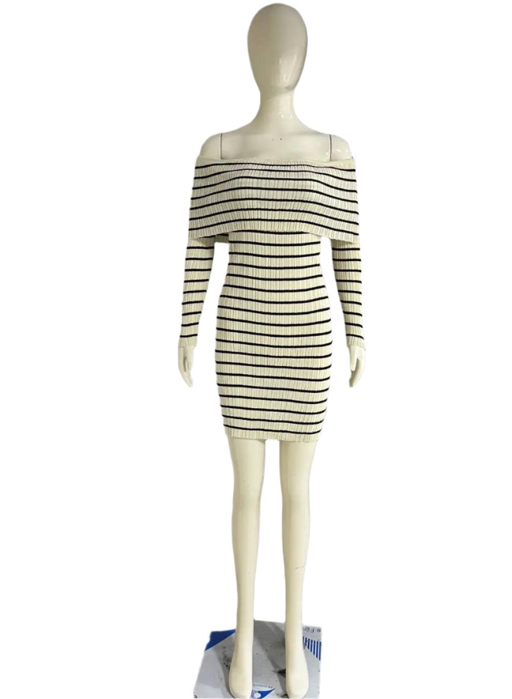 Off Shoulder Striped Long Sleeved Skirt with a Single Neckline Knitted Casual Short Dress - JVMCL