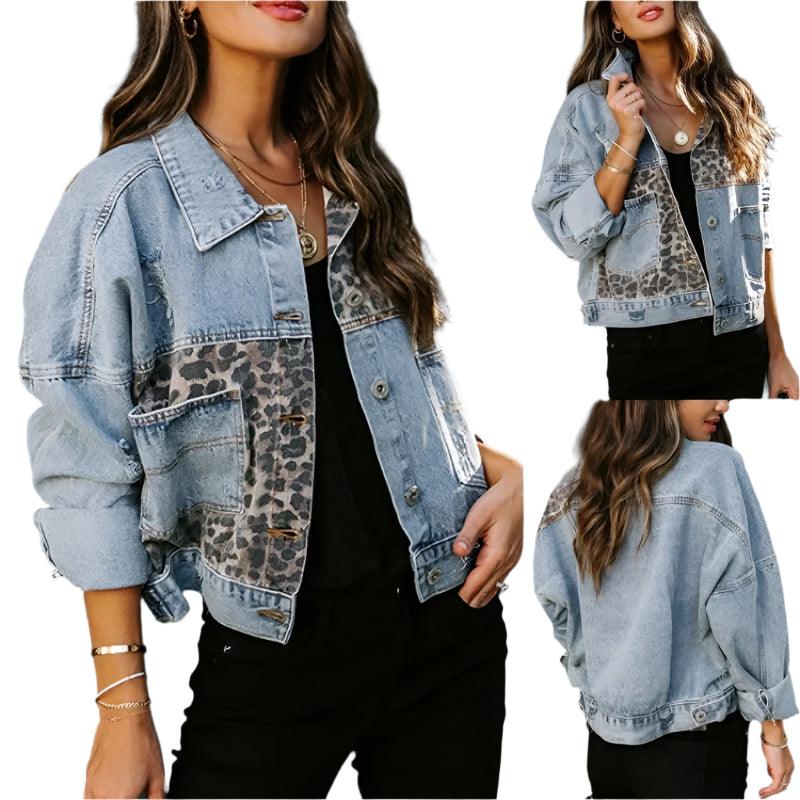 Trendy Patchwork Design Women's Leopard Stitching Comfortable Denim Jacket - JVMCL