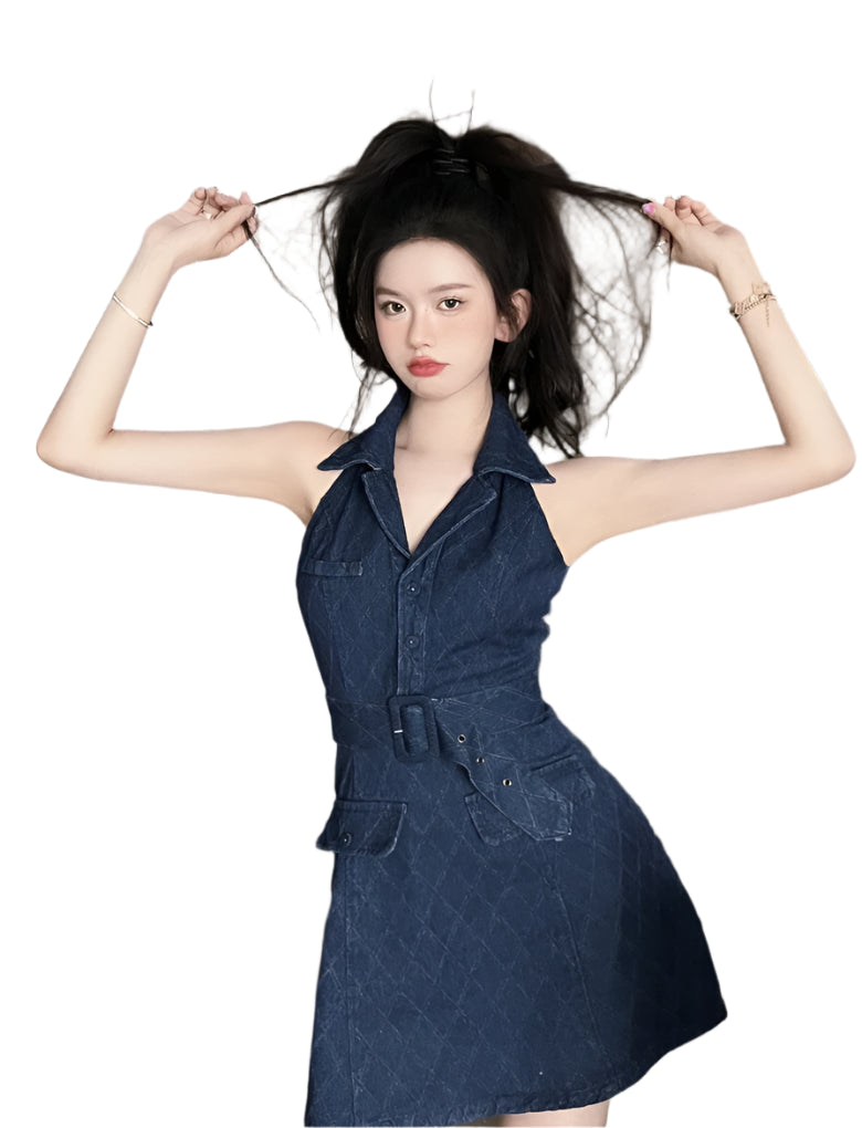 Women’s Retro Off-Shoulder Denim Mini Dress – Chic & Elegant Summer Style