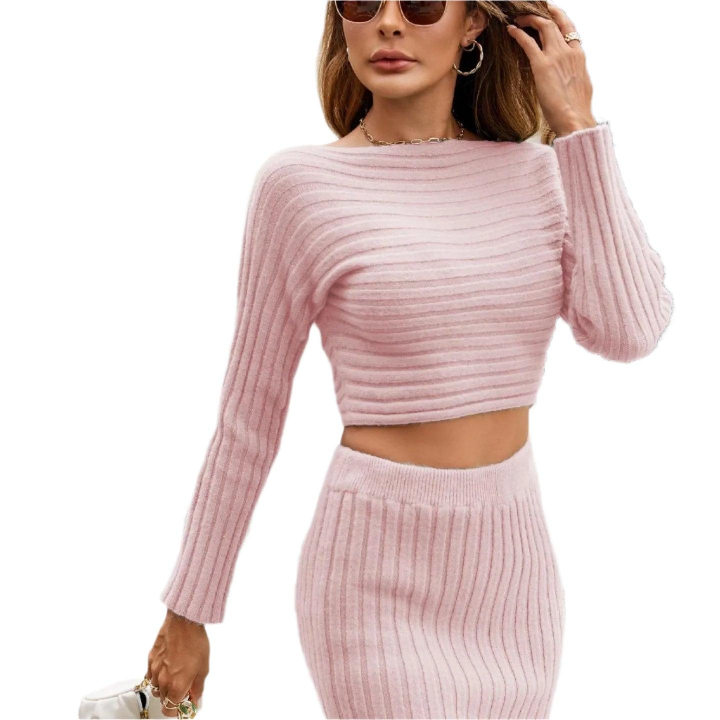 Two Piece Autumn Winter Knitted Skirt Set –Long-Sleeve Striped Hip Skirt Sweater - JVMCL