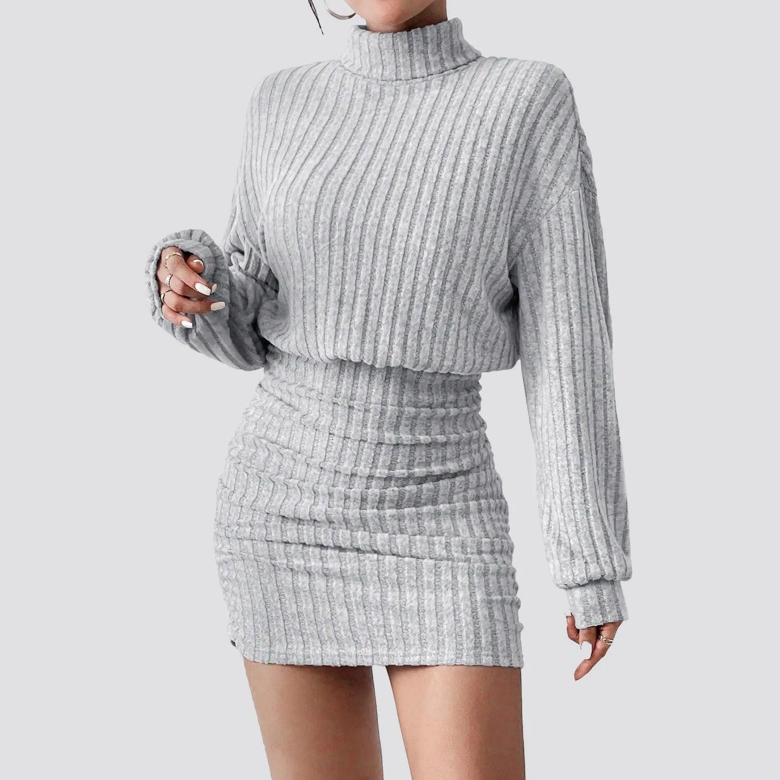 Casual Bodycon Women’s Long Sleeve Ribbed Knit Turtleneck Mini Sweater Dress - JVMCL