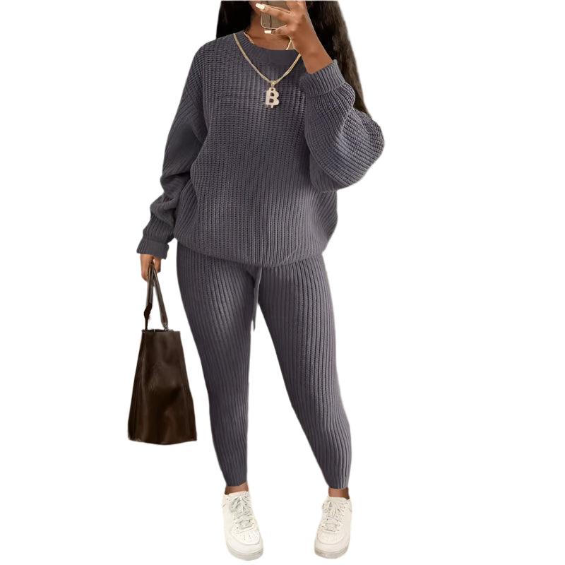 Two Piece Sets Fashion Round Neck Pullover Loose Knitted Sweater Pants Suits - JVMCL