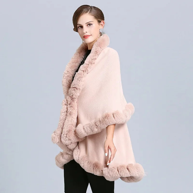 Elegant Outstreet Faux Fox Fur Collar Two-Layer Poncho Cape Cardigan Coat - JVMCL