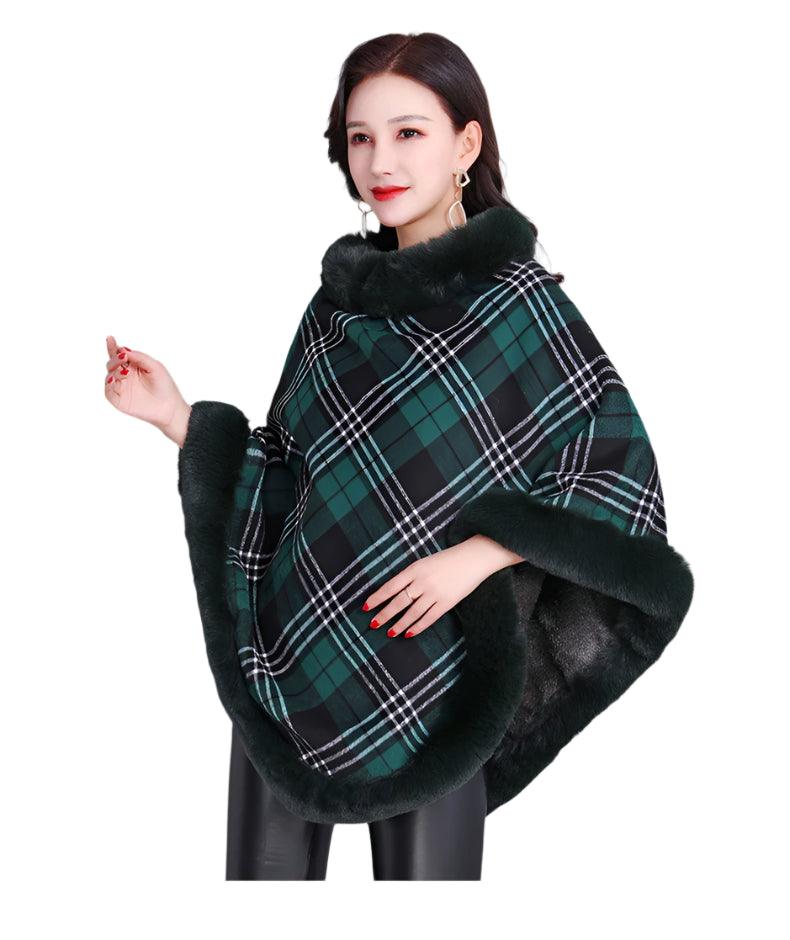 Party Outfit Grey Grid Winter Thick Warm Poncho with Faux Rabbit Fur Collar - JVMCL