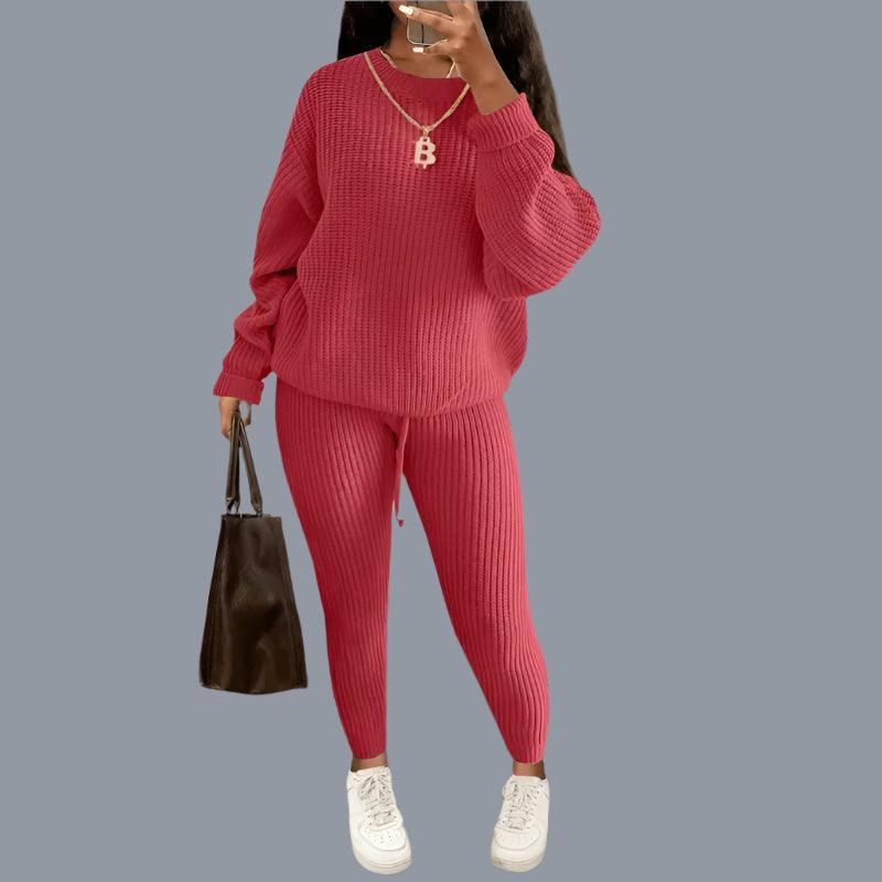 Two-Piece Knitted Autumn Women's Casual Loose Fit Outfit Sweater & Pants Set - JVMCL