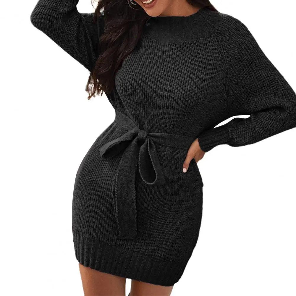 Knitted O-Neck A-line Mini Sweater Dress - Thicken and Sexy for Autumn and Winter - JVMCL