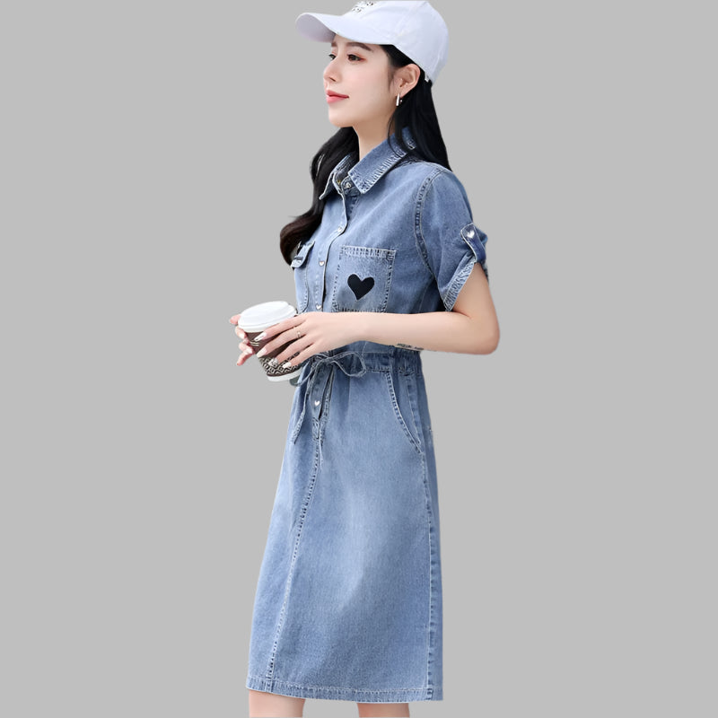 Women's Summer Slim Fit Lace-Up Single-Breasted Midi Denim Shirt Dress