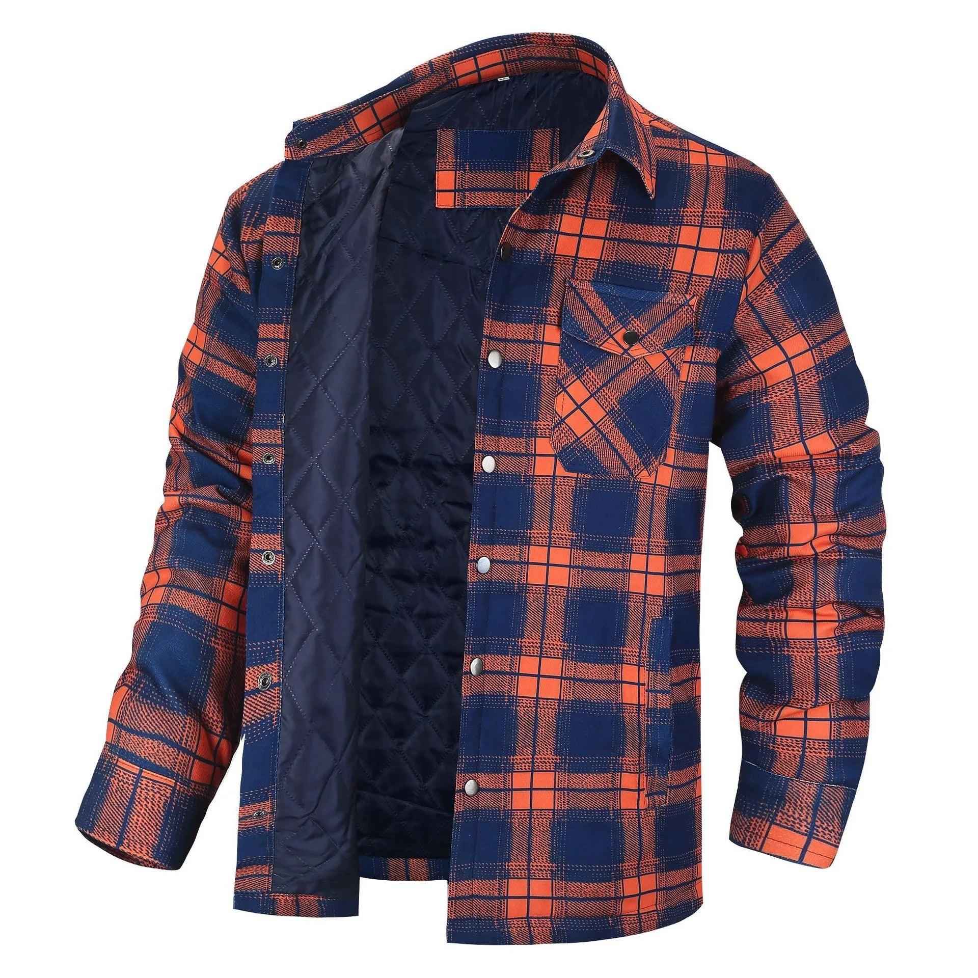 Men’s Plaid Long-Sleeve Winter Jacket – Thick Lapel Bomber Coat for Autumn & Winter - JVMCL