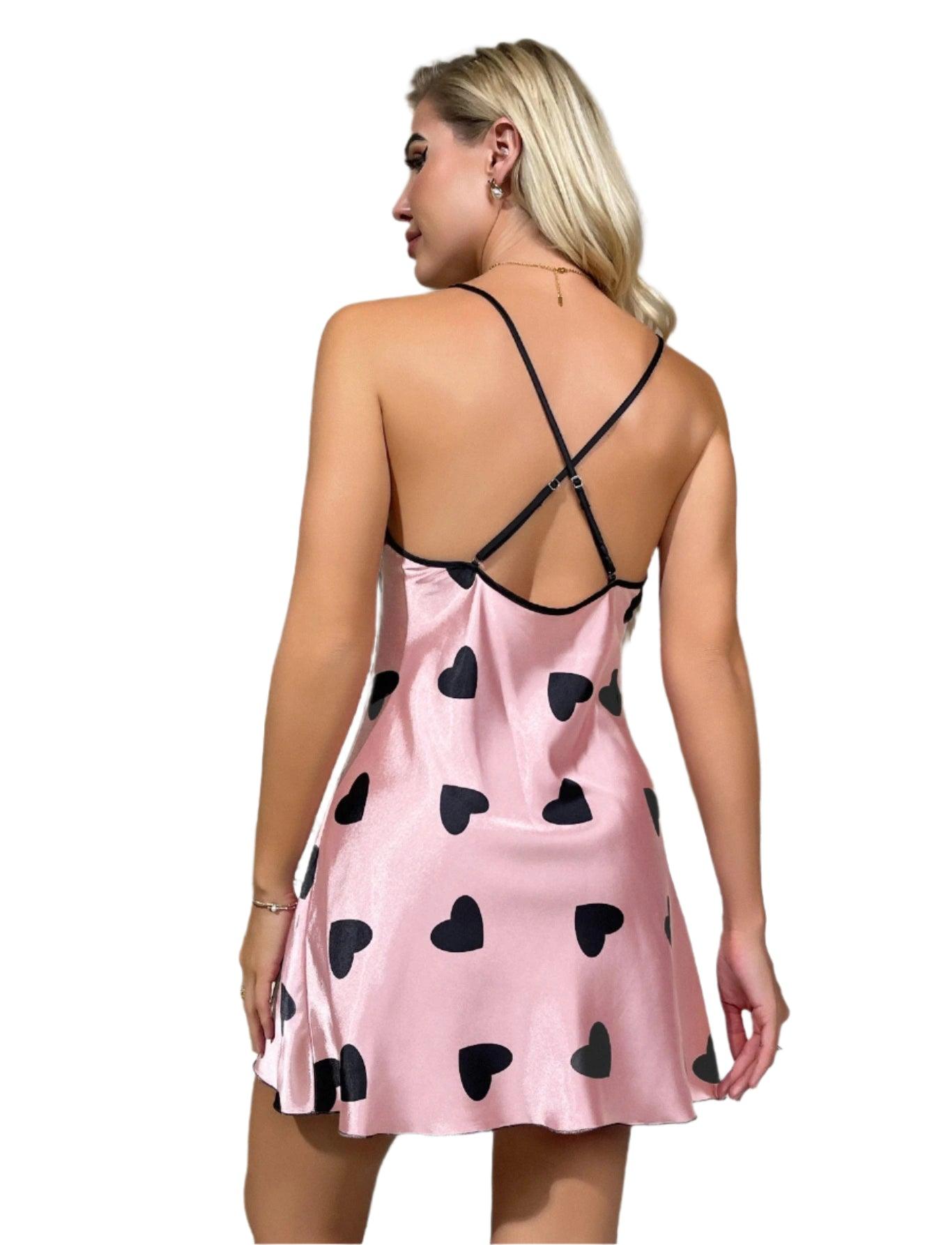 Heart Print Criss-Cross Back Nightdress - Elegant Scoop Neck Sleepwear for Women - JVMCL