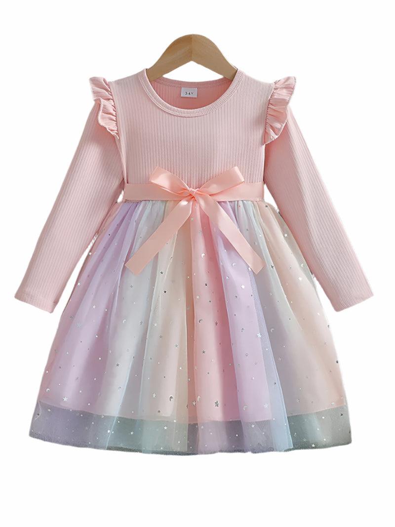 Enchanting Starry Sky Sequin Mesh Dress – Long-Sleeved Bow Dress for Girls - JVMCL