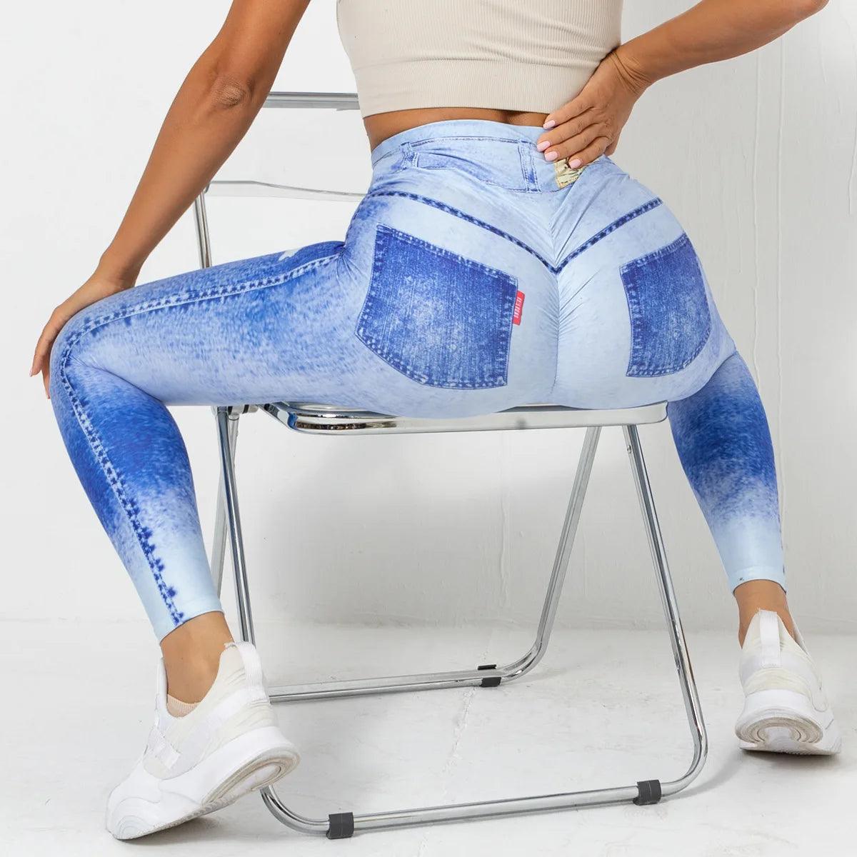 Stylish & Sporty Fitness Light Denim Print High-Waist Push-Up Leggings Trousers - JVMCL