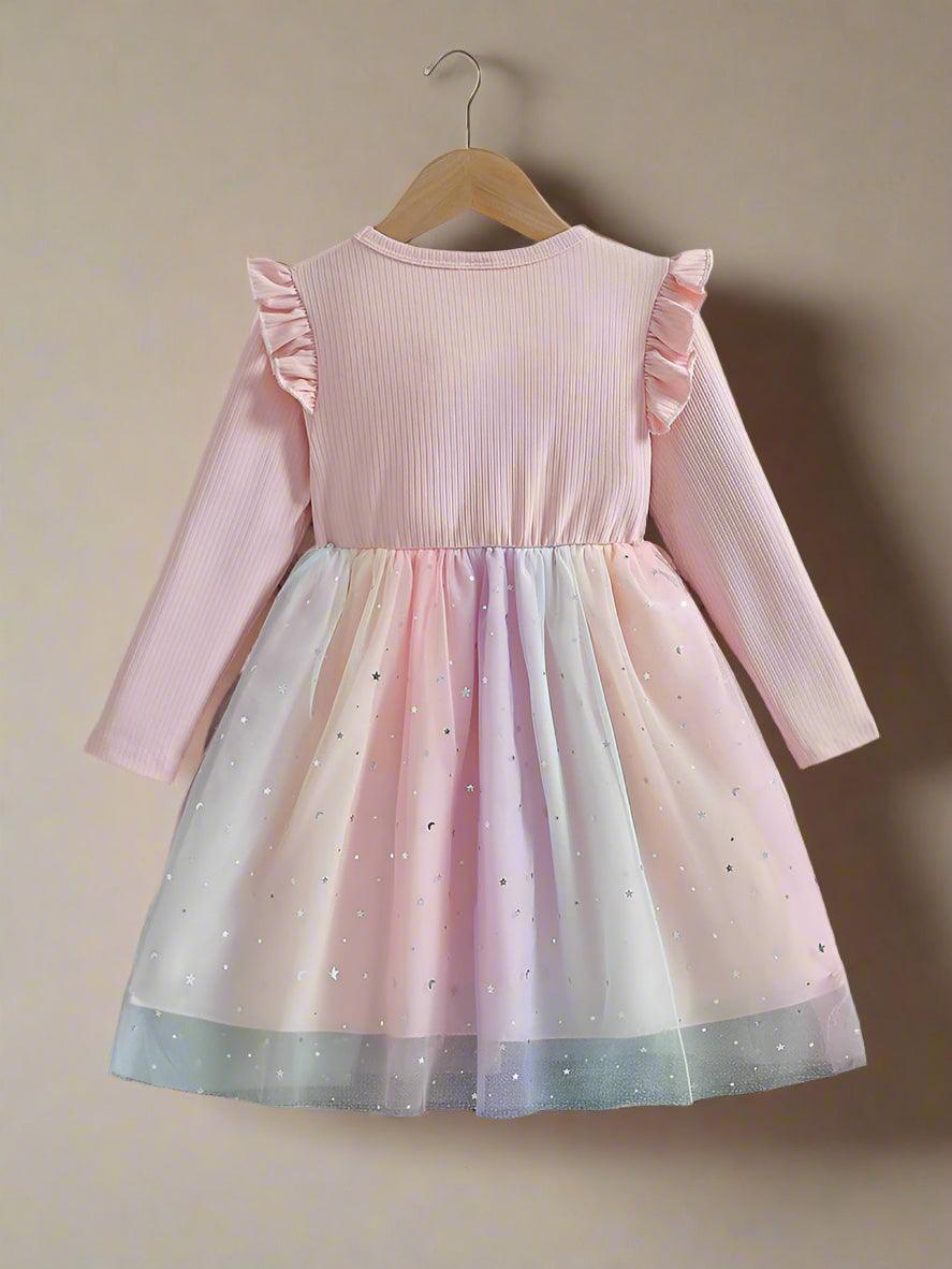 Enchanting Starry Sky Sequin Mesh Dress – Long-Sleeved Bow Dress for Girls - JVMCL