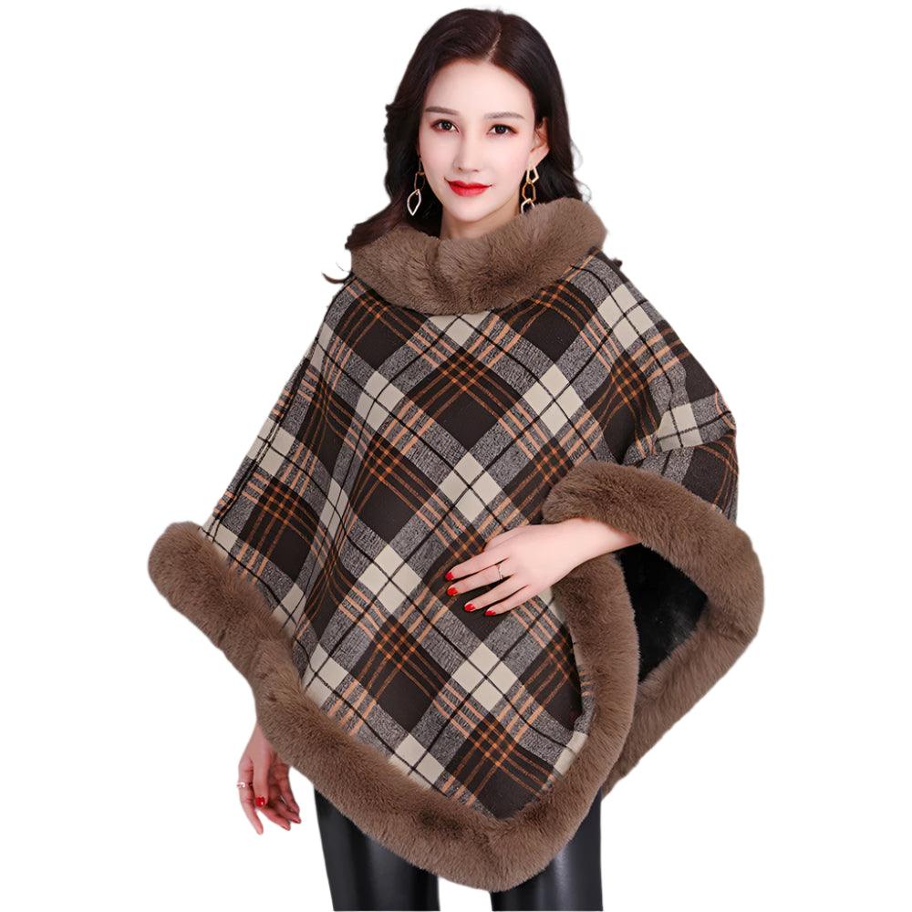 Party Outfit Grey Grid Winter Thick Warm Poncho with Faux Rabbit Fur Collar - JVMCL