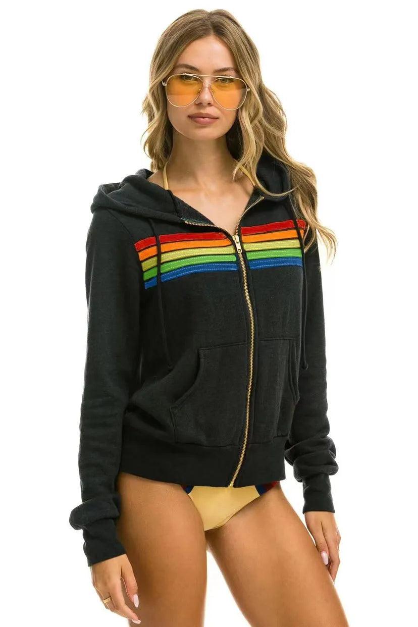 Aviator Nation 5 Stripe Rainbow Hooded Sweatshirt– Slim Fit Fleece Zip-Up Jacket - JVMCL