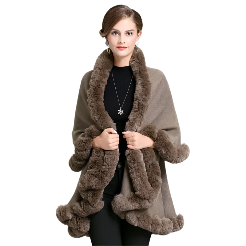 Elegant Outstreet Faux Fox Fur Collar Two-Layer Poncho Cape Cardigan Coat - JVMCL