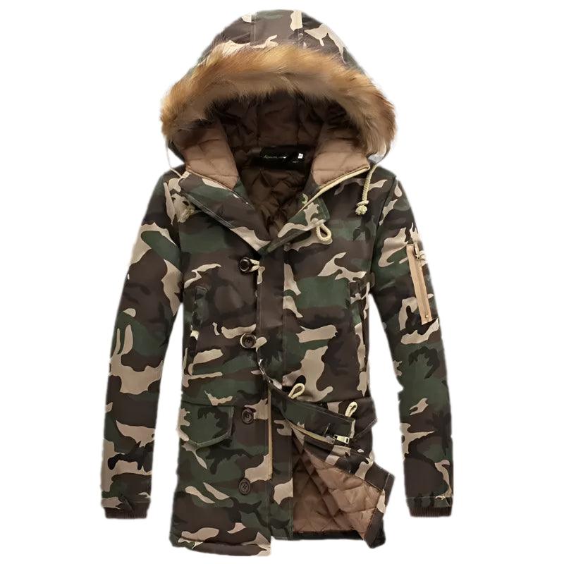 Men's Long Winter Camouflage Parka - Fur Hooded Thick Outwear Jacket - JVMCL