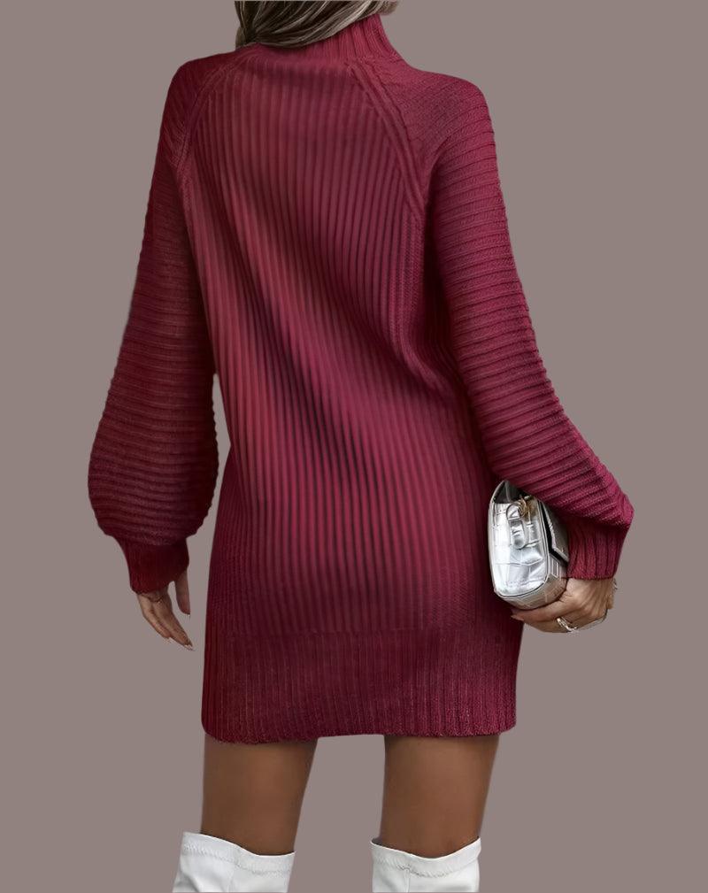 Elegant Solid Color Pit-stripe Turtleneck Long Sleeve Knitted Sweater Dresses - JVMCL