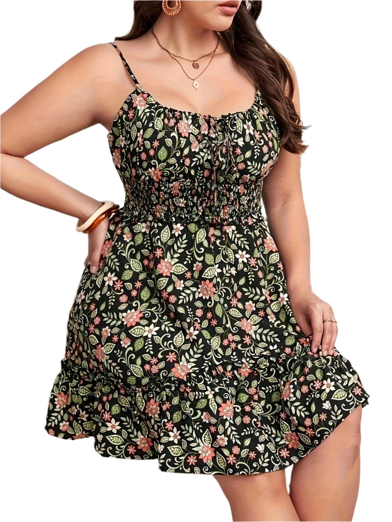 Plus Size Floral Print Ruffle Sling Dress - Elegant Summer Vacation Dress - JVMCL